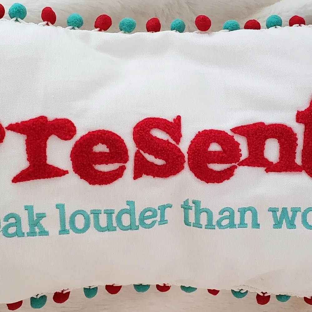 Holiday Pillow Embroidered with Presents phrase and Pom Pom Trim NWT
